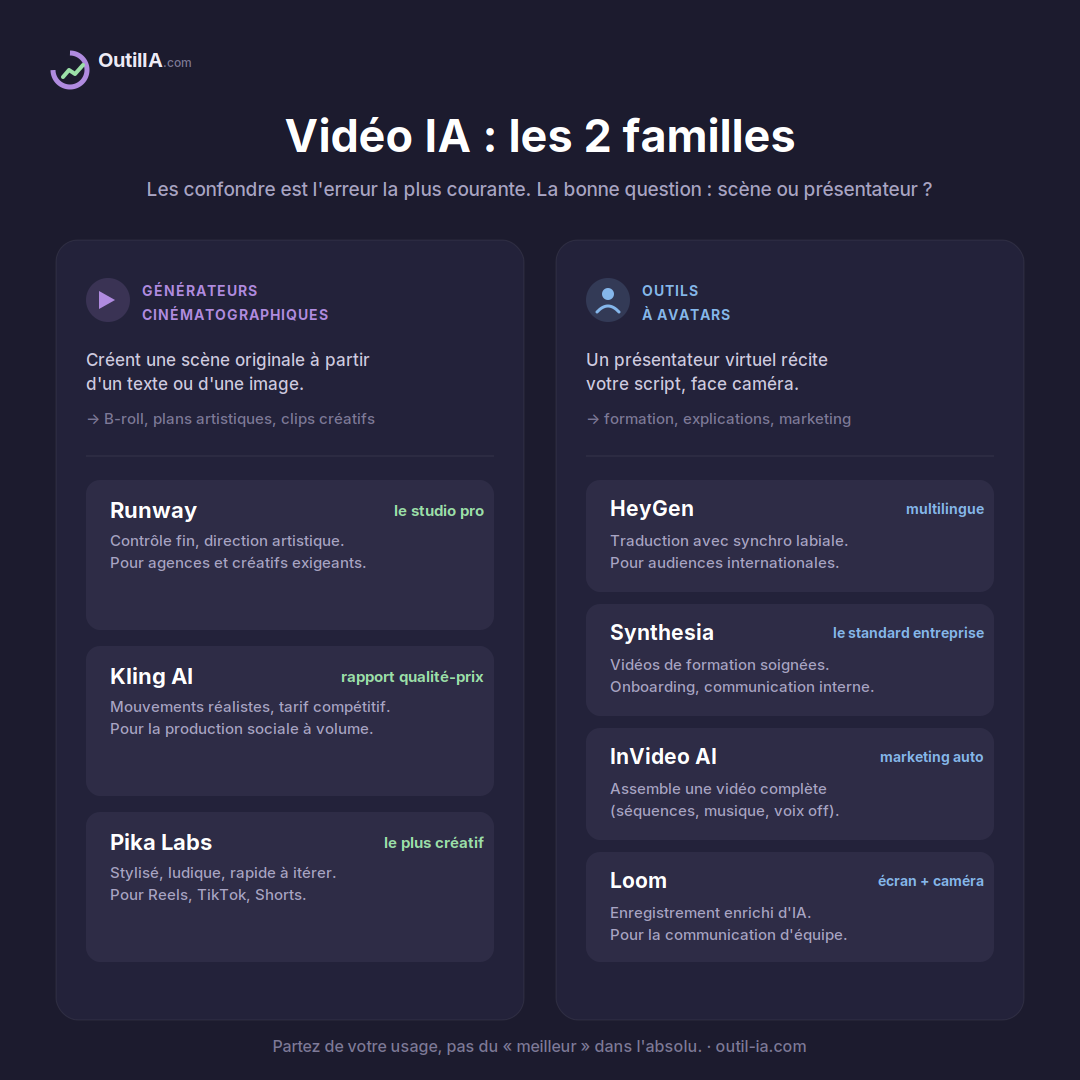 Les deux familles d'outils vidéo IA : les générateurs cinématographiques (Runway, Kling AI, Pika Labs) qui créent des scènes, et les outils à avatars (HeyGen, Synthesia, InVideo AI, Loom) qui font parler un présentateur virtuel
